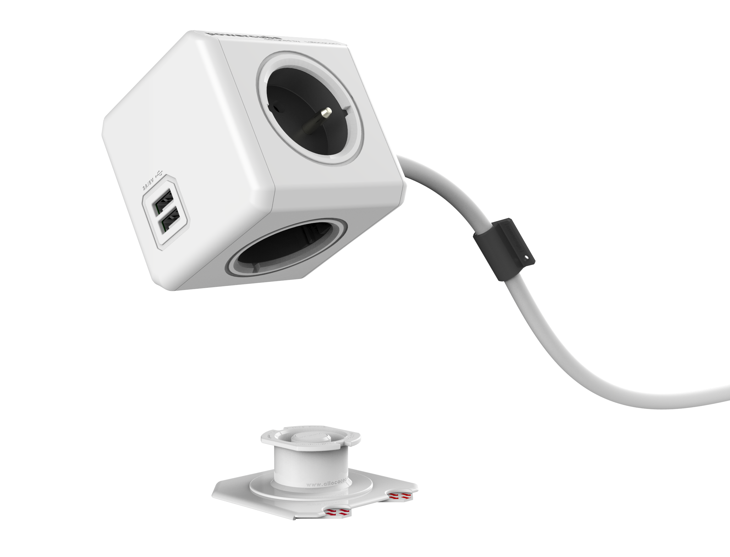 Allocacoc PowerCube DuoUSB Extended DE - Presa Multipla Cubo Con 4 Prese E 2 Porte USB, Cavo 1.5m, Bianco/Blu